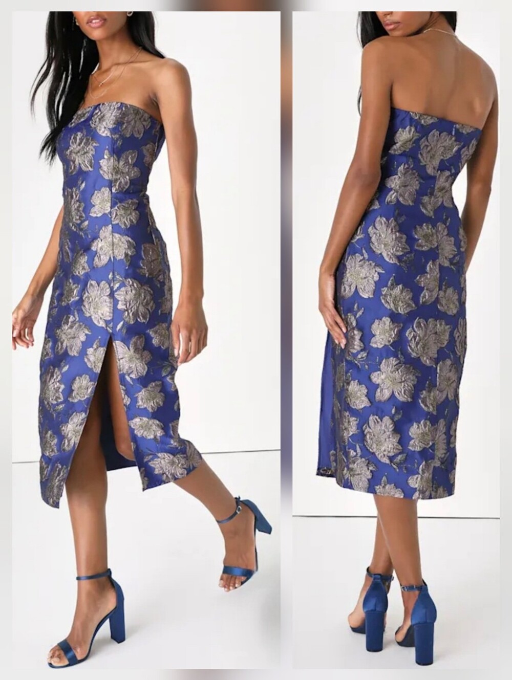 Lulus  Charm Blue Metallic Gold Floral Jacquard Brocade Strapless Midi Dress